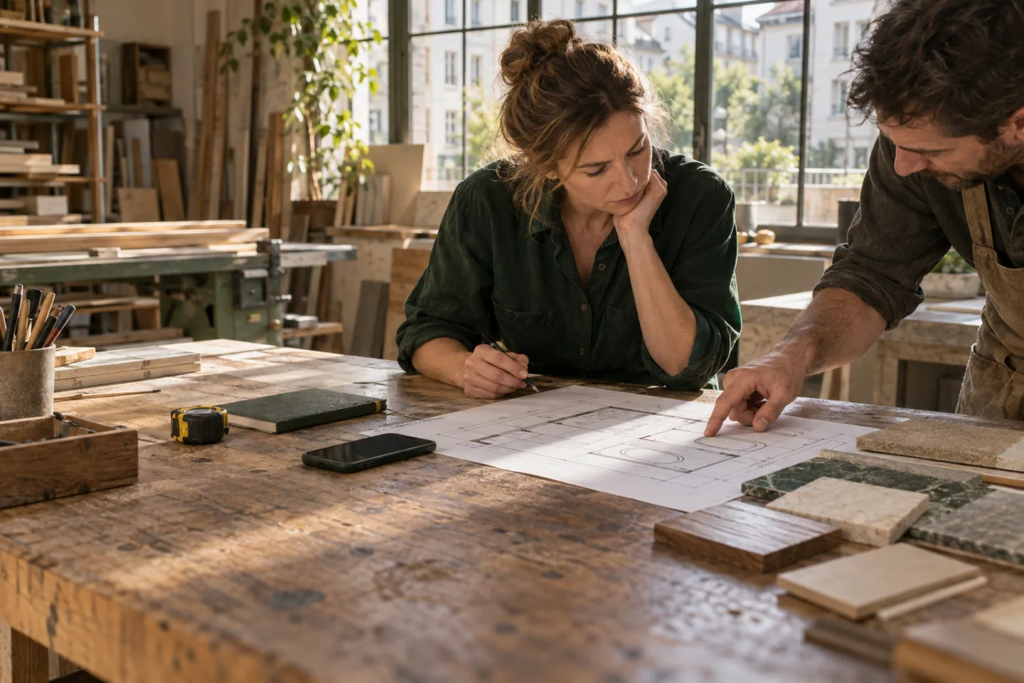 Scène illustrative : une entreprise artisanale examine un plan.